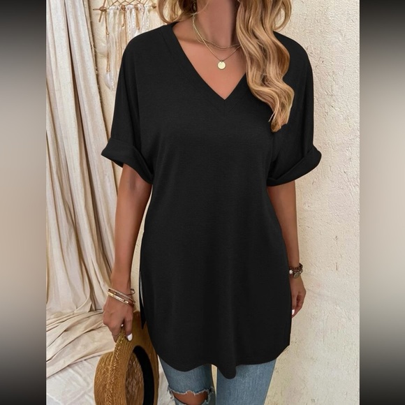 Boho casual V neck side slit oversized top - Picture 15 of 15